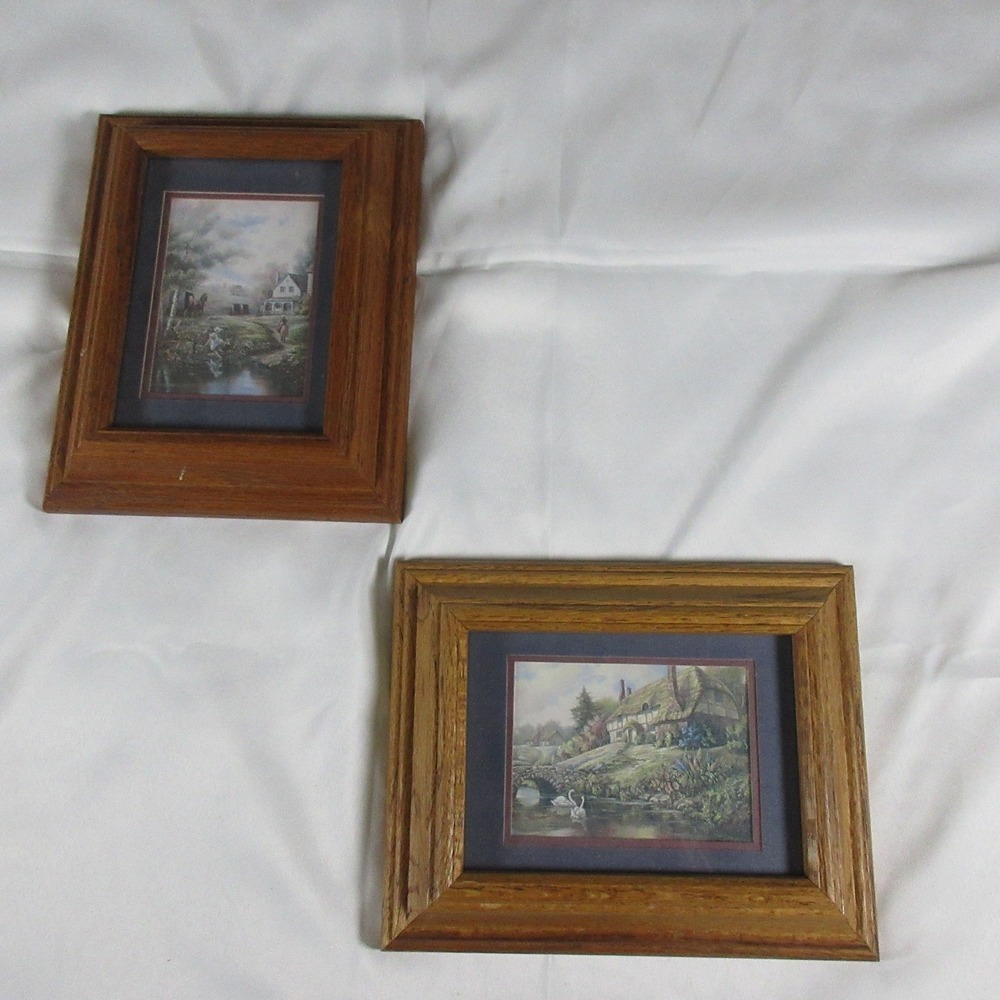 Set of 2 Vintage Framed Art Prints Country Cottage Farmhouse Scene Swans